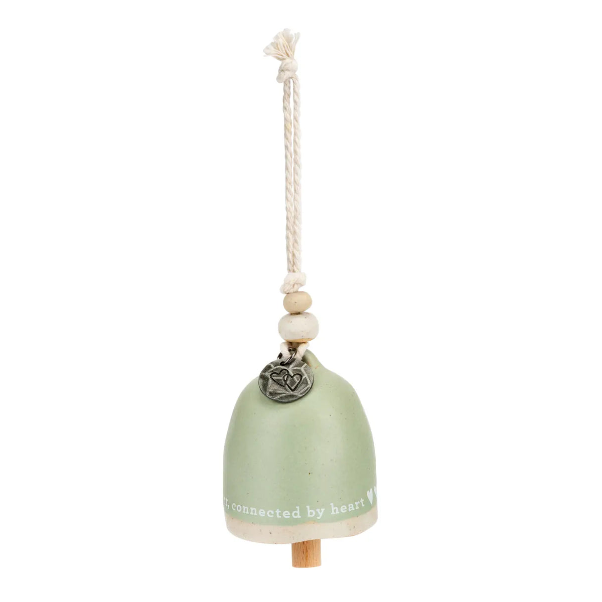 Sage green Mini Inspired Bell hanging from a cord with wooden beads