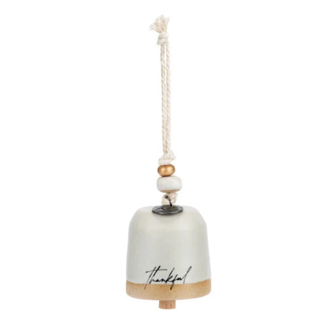 White Mini Inspired Bell with thankful! in script and a tan base hanging from a cord
