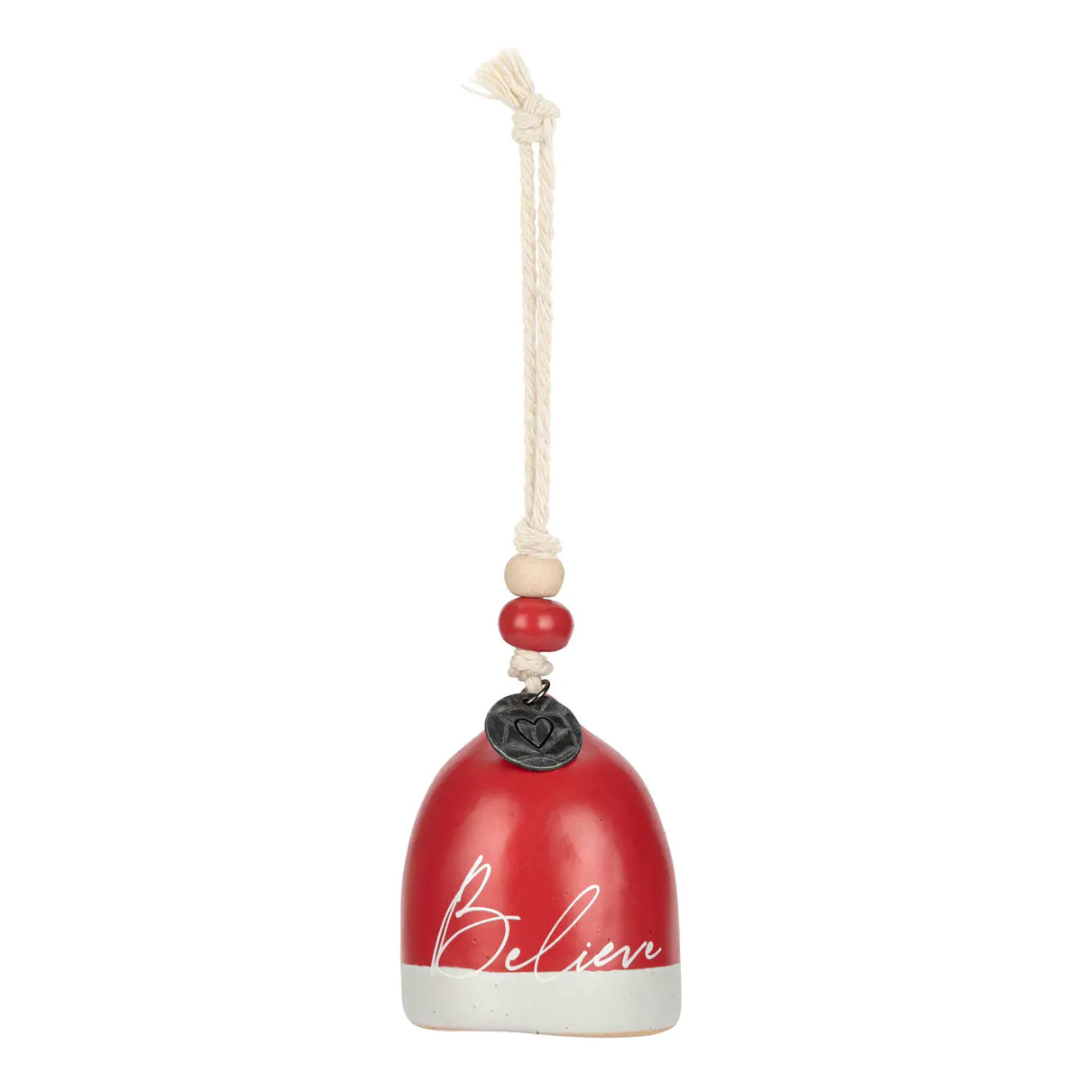 Red Mini Inspired Holiday Bell Believe with a white base hanging from a cord
