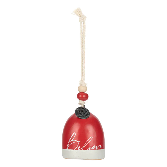 Red Mini Inspired Holiday Bell Believe with a white base hanging from a cord