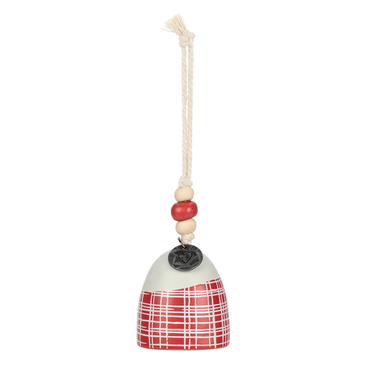 White Mini Inspired Holiday Bell Family with a red plaid base hanging from a cord