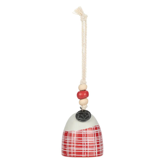 White Mini Inspired Holiday Bell Family with a red plaid base hanging from a cord