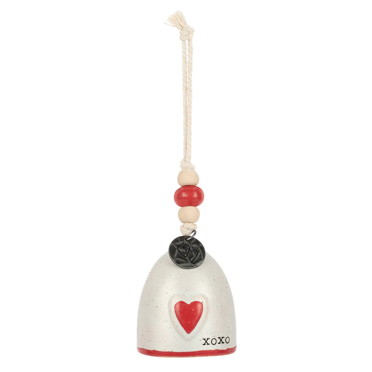 White Mini Inspired Holiday Bell Love with a red heart and xoxo hanging from a cord
