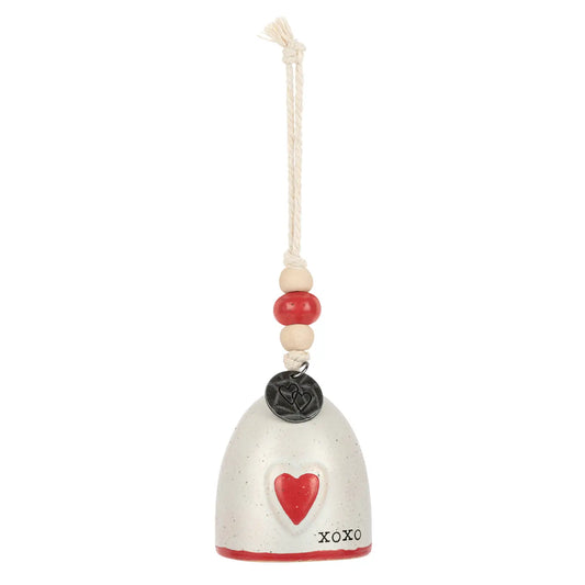 White Mini Inspired Holiday Bell Love with a red heart and xoxo hanging from a cord