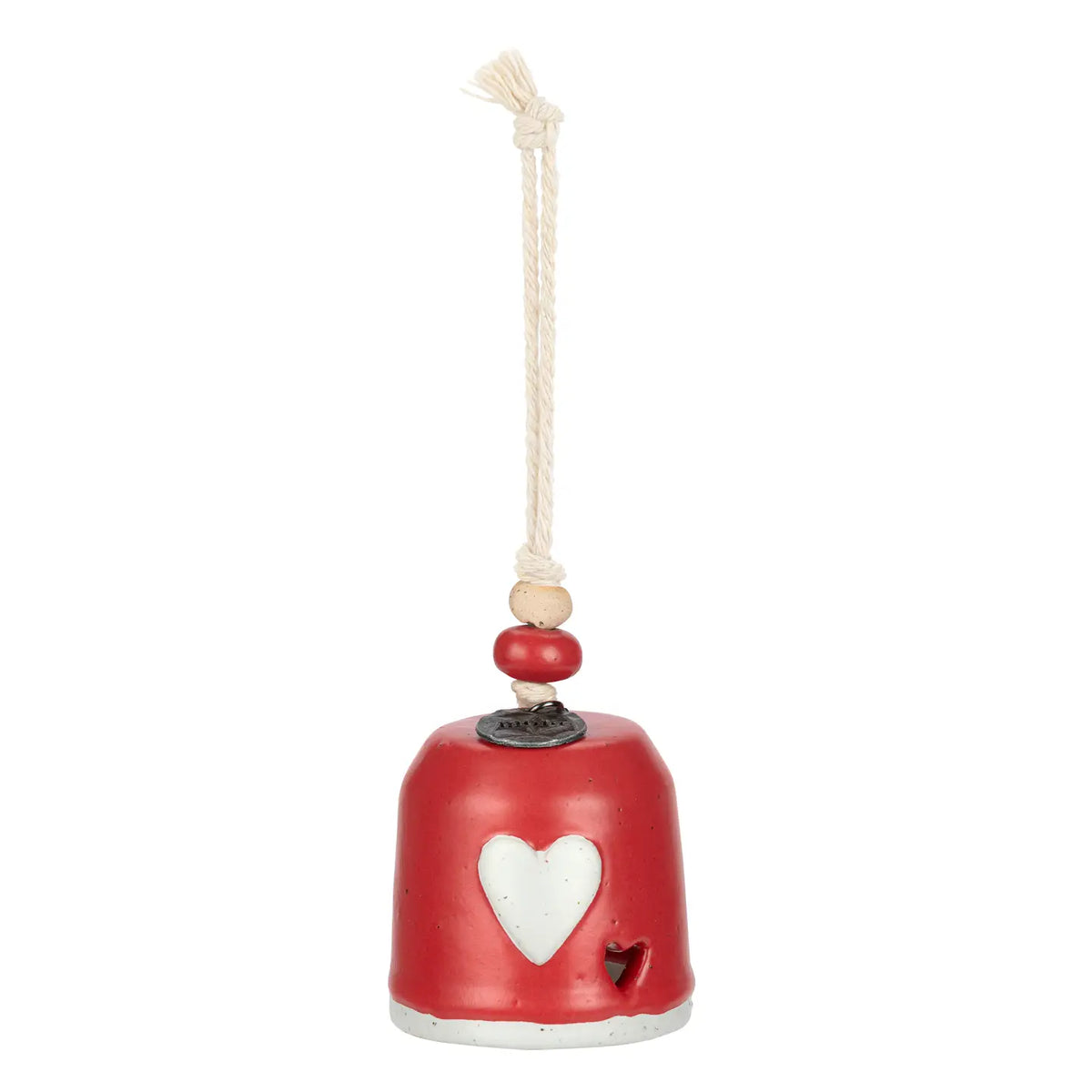 Red Mini Inspired Holiday Bell Mom with a white heart hanging from a cord