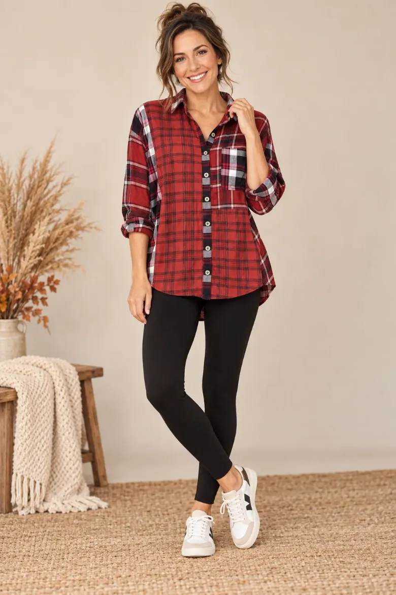 Woman wearing the mixed media plaid flannel shirt in red, black and white plaid with black leggings and white sneakers