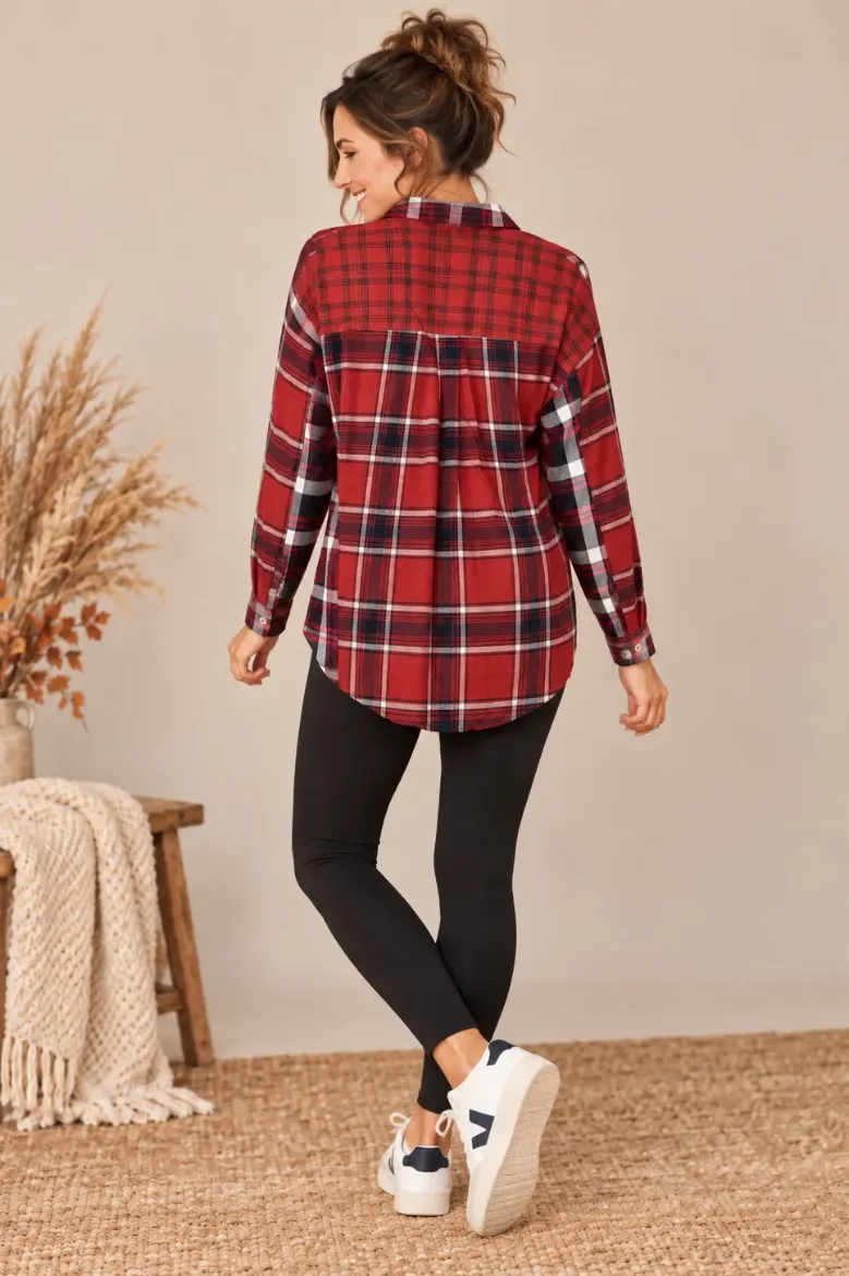 Back view of the mixed media plaid flannel shirt with a curved hem