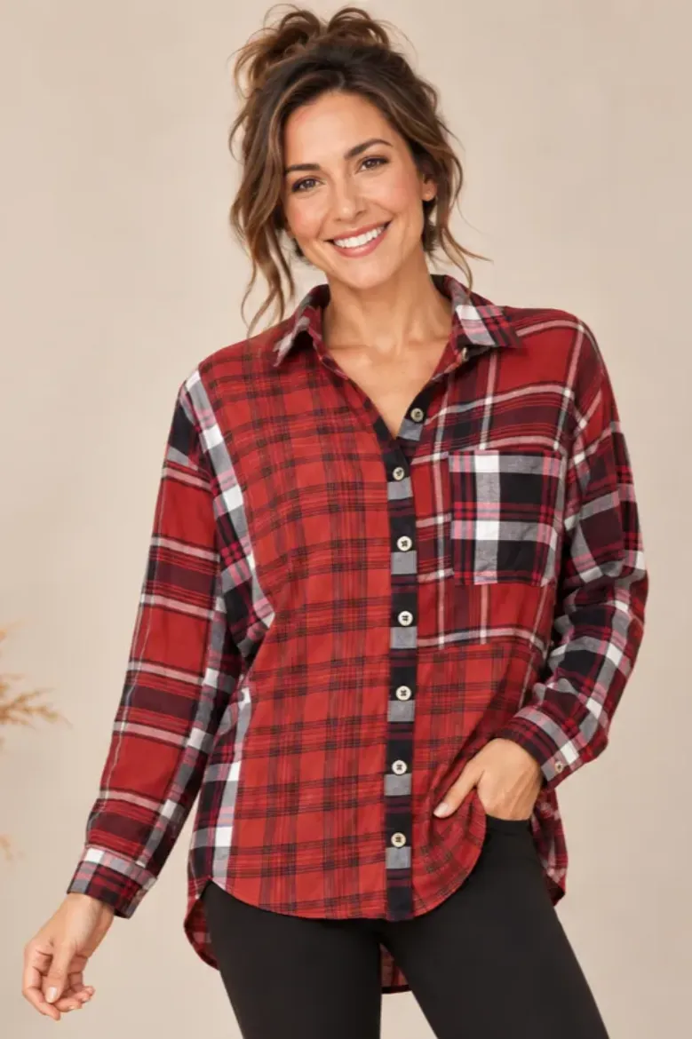 Front view of the mixed media plaid flannel shirt with its left chest pocket