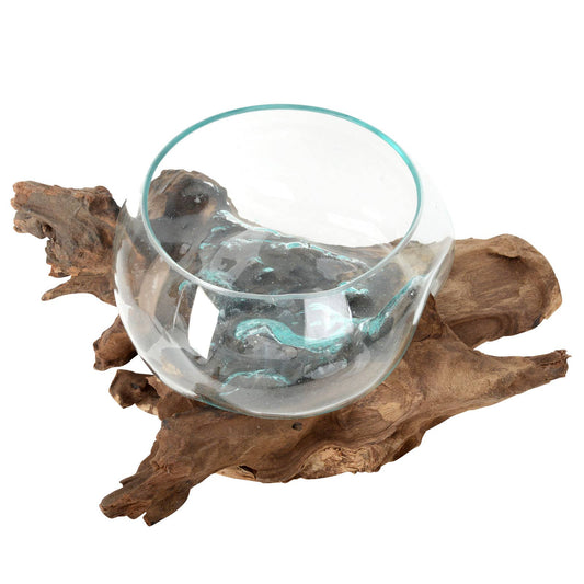 Large molten glass decorative bowl on natural driftwood