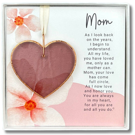Mom, Now That I'm Older Stained Glass Heart Ornament, rose mauve