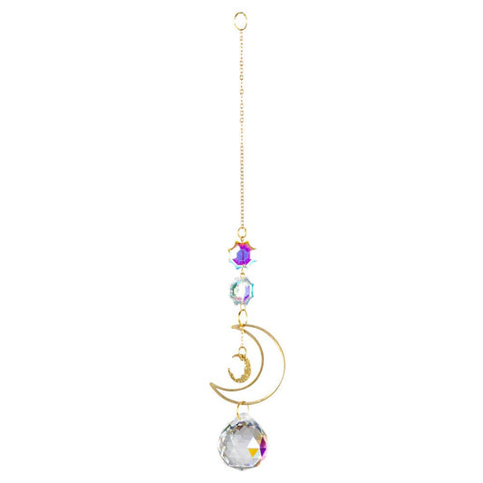 Moon crystal suncatcher, 10 inches long, with faceted hanging crystal