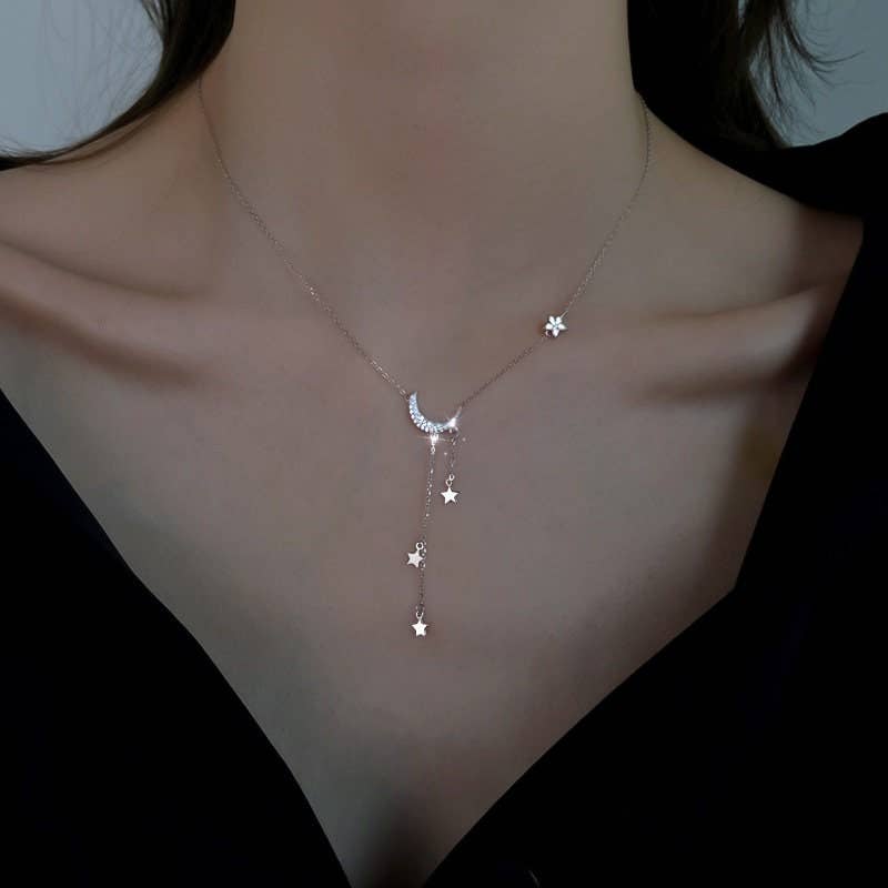 Moon & Star Layered Tassel Necklace - Sterling Silver