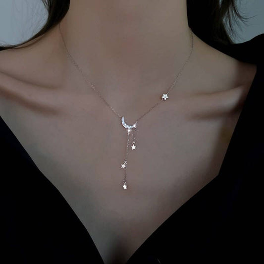 Moon & Star Layered Tassel Necklace - Sterling Silver