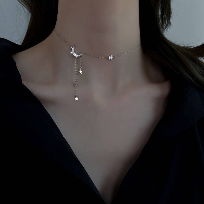 Moon & Star Layered Tassel Necklace - Sterling Silver, photo 3 of 6