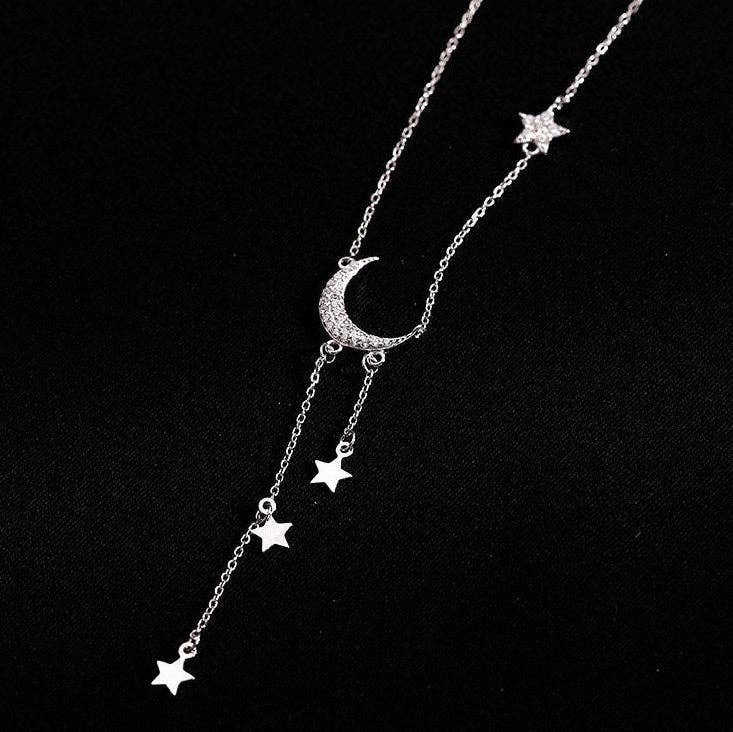 Moon & Star Layered Tassel Necklace - Sterling Silver, photo 4 of 6