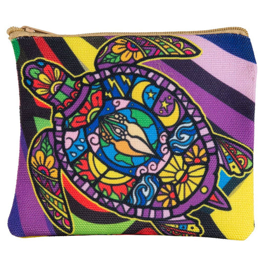 Zip coin purse printed with a sea turtle rendered as stained glass mosaic in teal, purple and gold panes