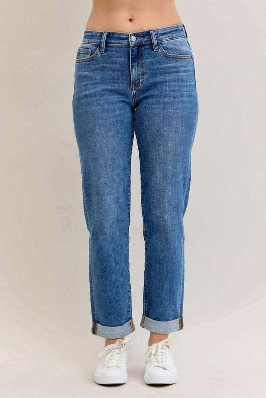 Judy Blue Mid Rise Classic Cuffed Boyfriend Jeans - denim