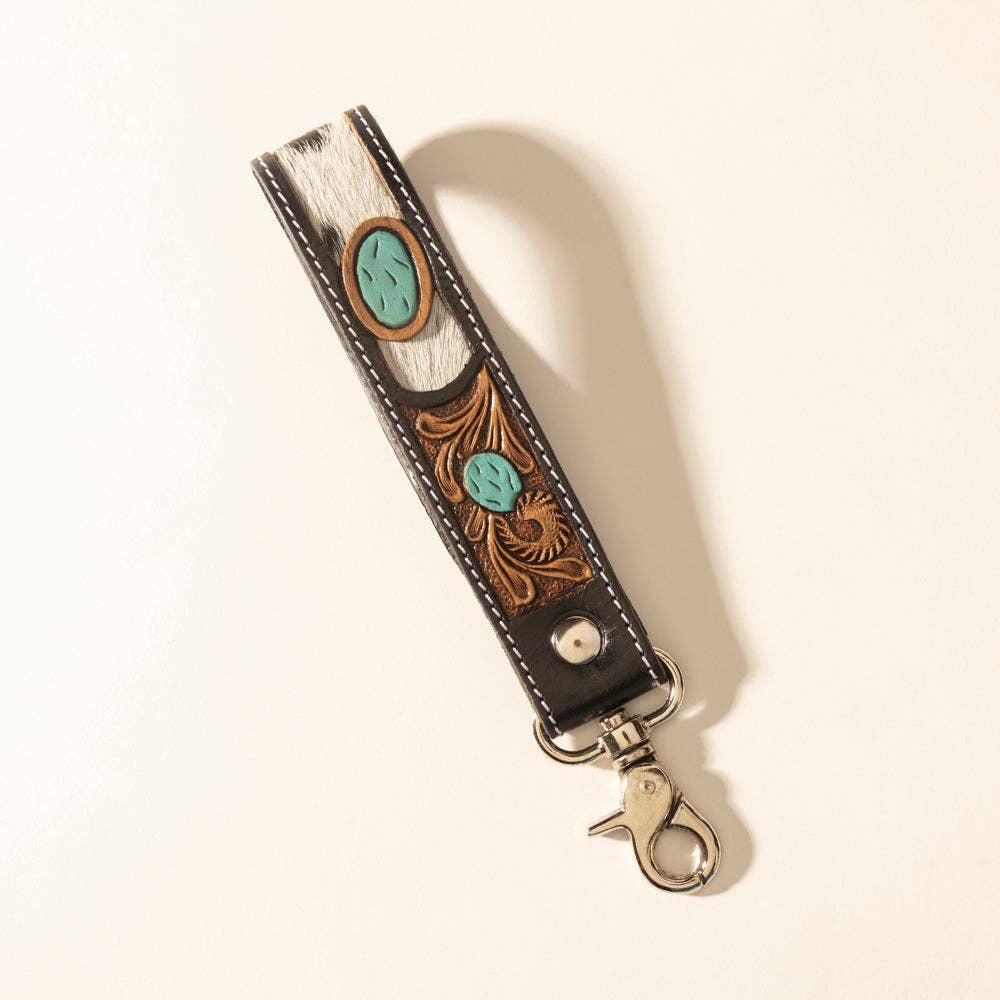 Tallin Bloom Hairon Leather Keyfob - Saddle Sky