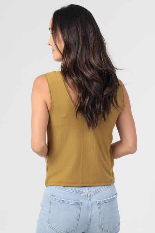 Rib Knit Cinch-Bust Lace Trim Tank Top - Inca Gold, photo 2 of 3