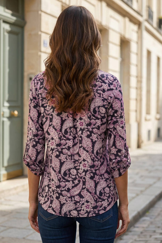Navy and violet paisley print Lizzy top with mandarin collar, photo 2 of 2