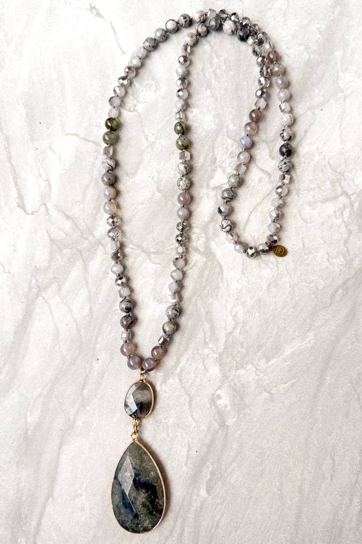 Paloma Long Beaded Necklace with Stone Pendant