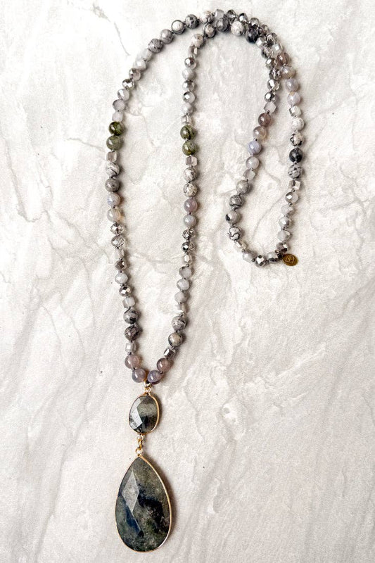 Paloma Long Beaded Necklace with Stone Pendant