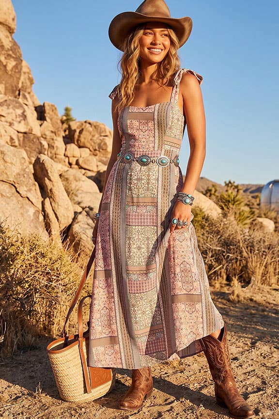 Cream and multicolor patchwork-print maxi dress with tie-shoulder straps and a square neckline