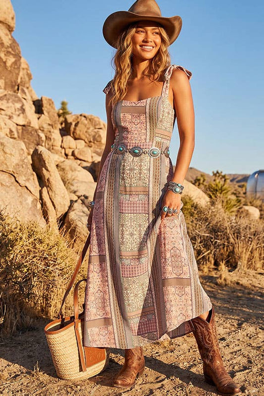 Cream and multicolor patchwork-print maxi dress with tie-shoulder straps and a square neckline