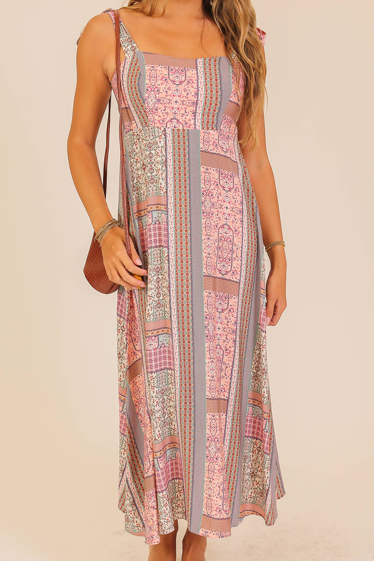Cream and multicolor patchwork-print maxi dress with tie-shoulder straps, photo 3 of 8