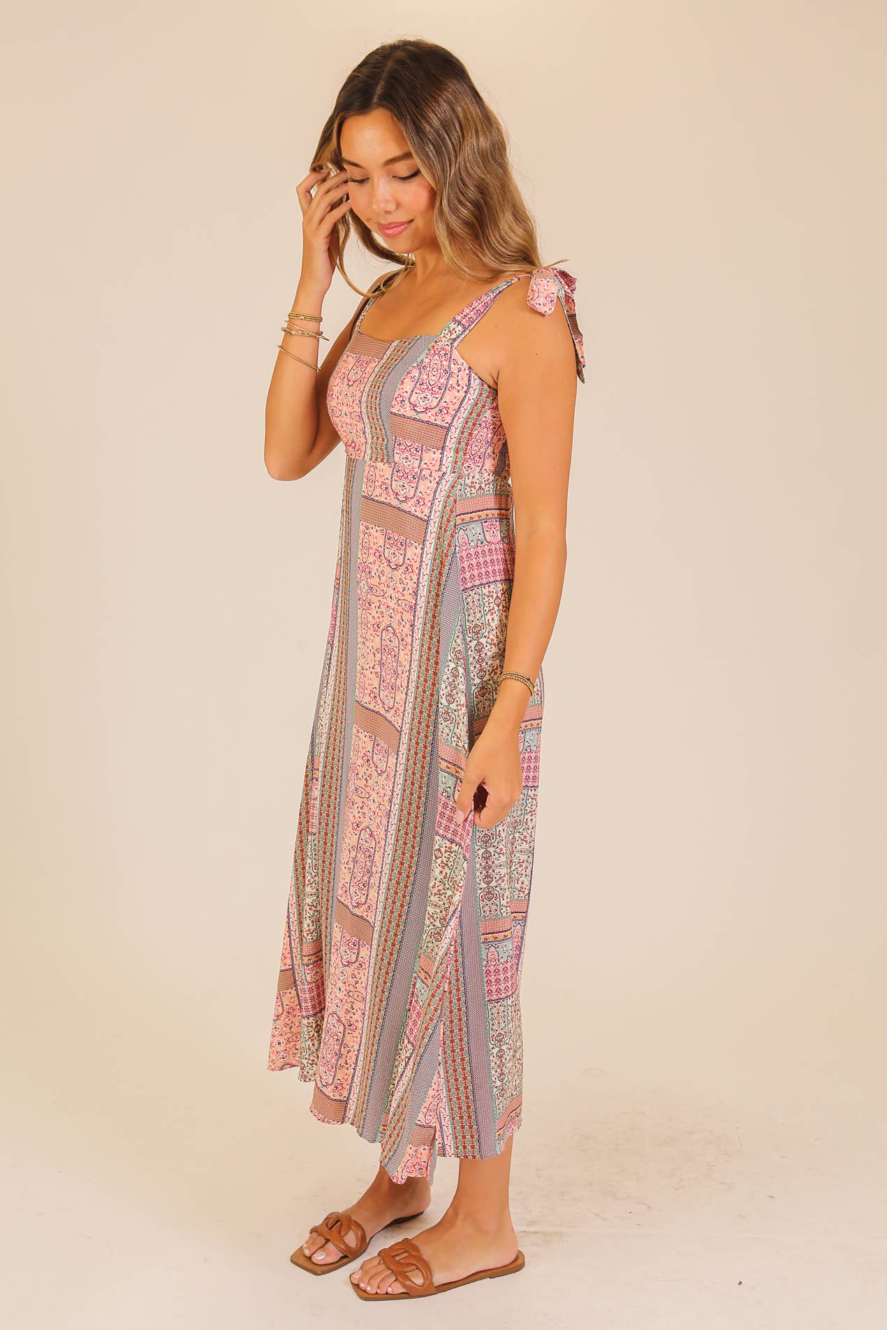 Cream and multicolor patchwork-print maxi dress with tie-shoulder straps, photo 4 of 8