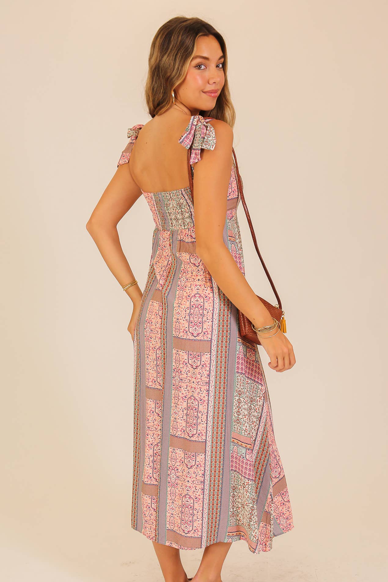 Cream and multicolor patchwork-print maxi dress with tie-shoulder straps, photo 5 of 8