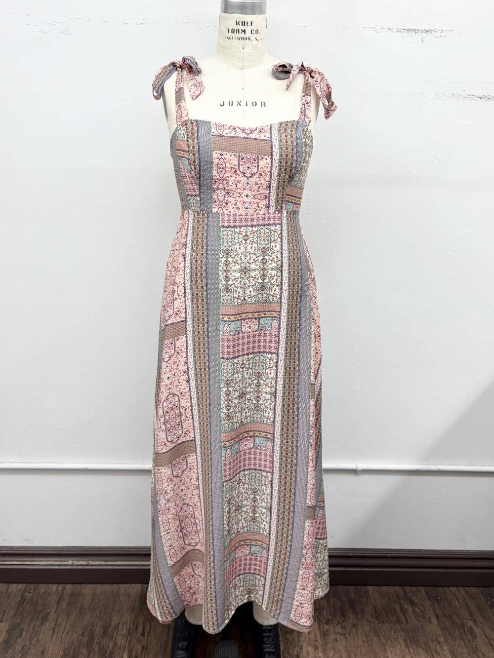 Cream and multicolor patchwork-print maxi dress with tie-shoulder straps, photo 7 of 8