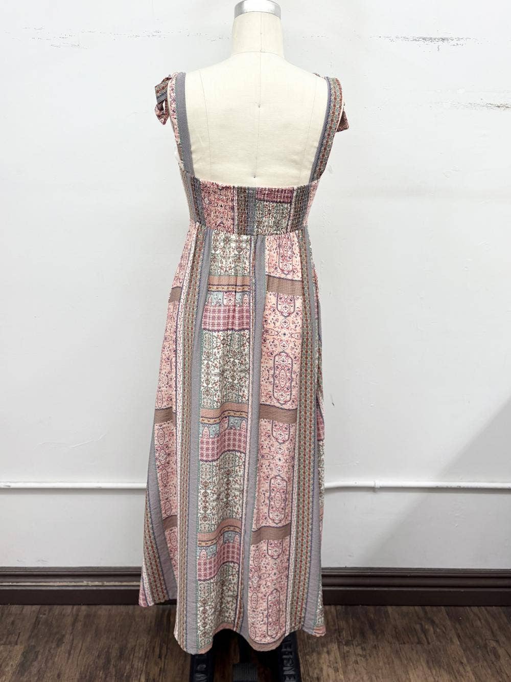 Cream and multicolor patchwork-print maxi dress with tie-shoulder straps, photo 8 of 8