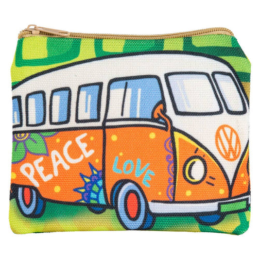 Zip coin purse printed with an orange and green camper van lettered PEACE and LOVE along its panels
