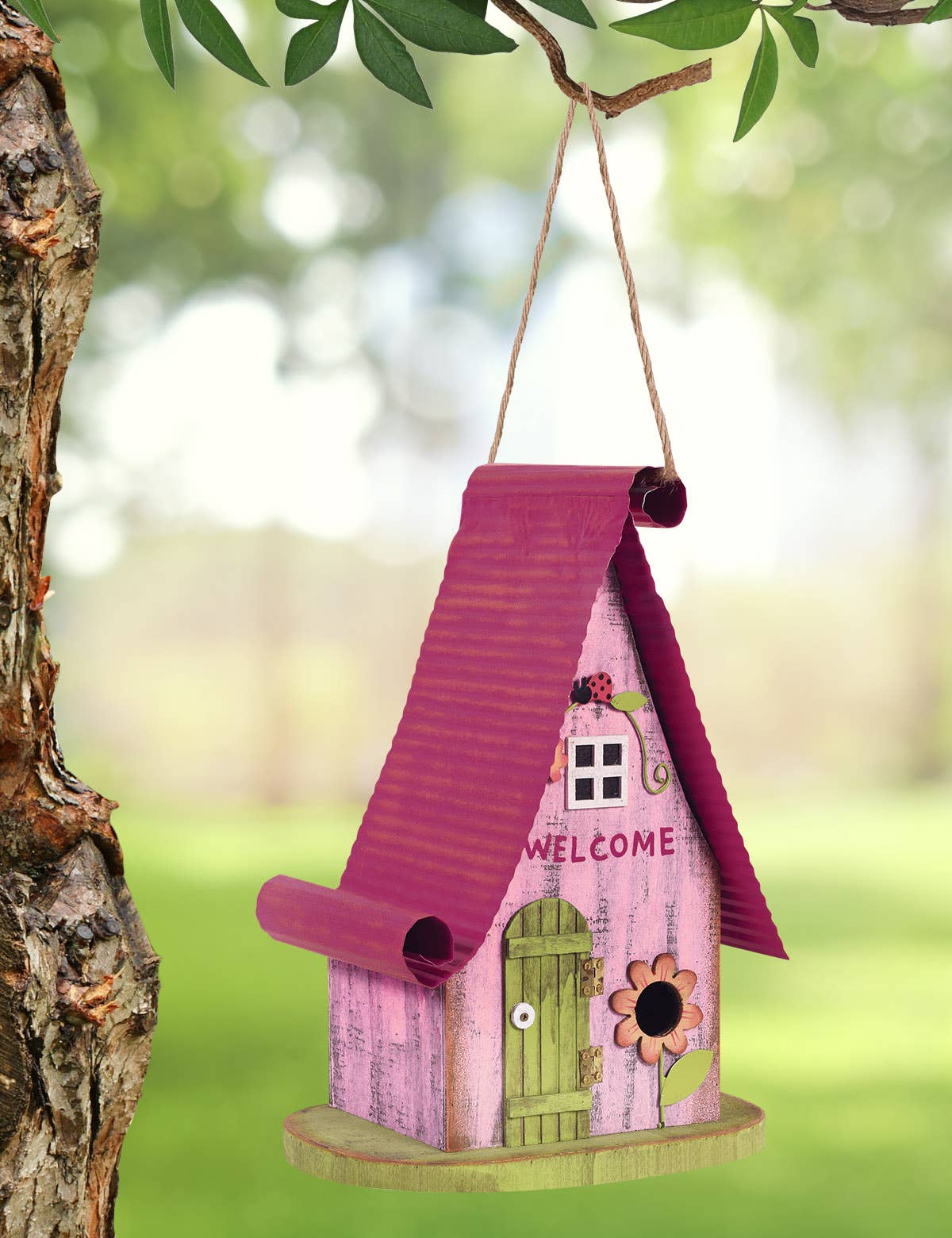 Pink Cottage Decorative Birdhouse - metal and wood, pink and green