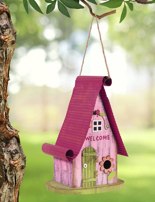 Pink Cottage Decorative Birdhouse - metal and wood, pink and green