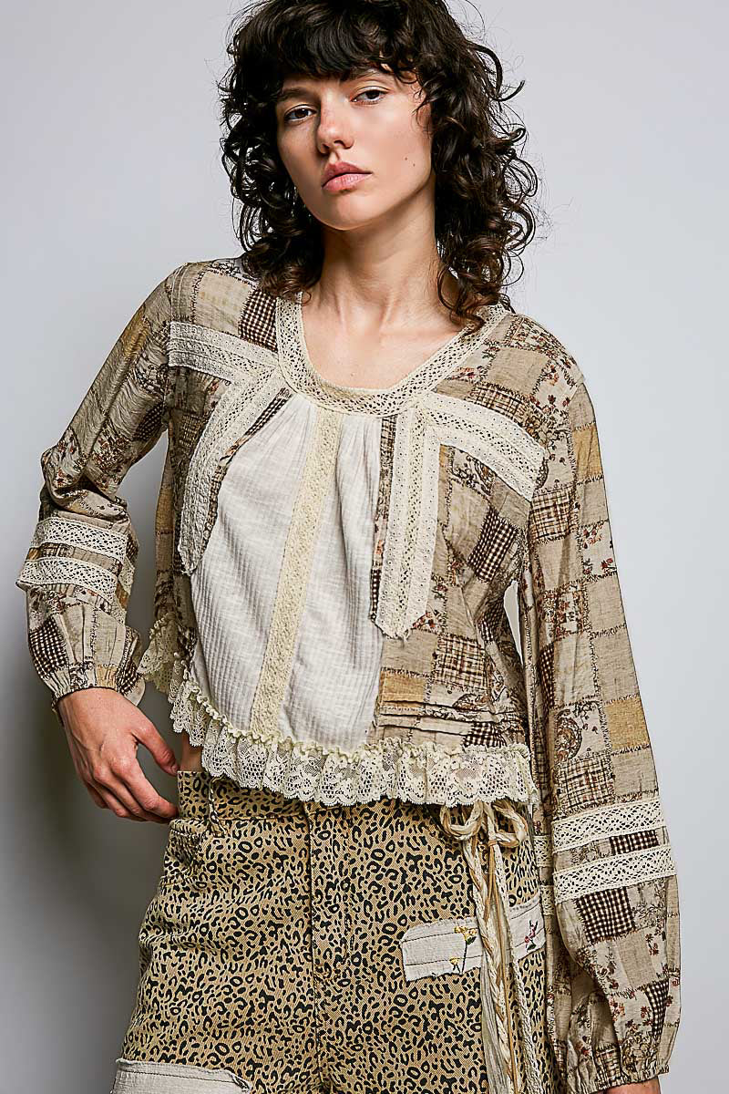 Almond multi plaid and lace top with balloon sleeves by Pol Clothing