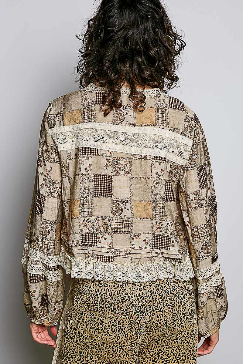 Almond multi plaid and lace top with balloon sleeves, photo 2 of 3
