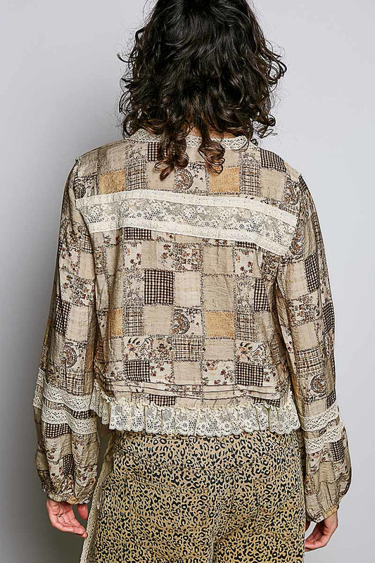 Almond multi plaid and lace top with balloon sleeves, photo 2 of 3