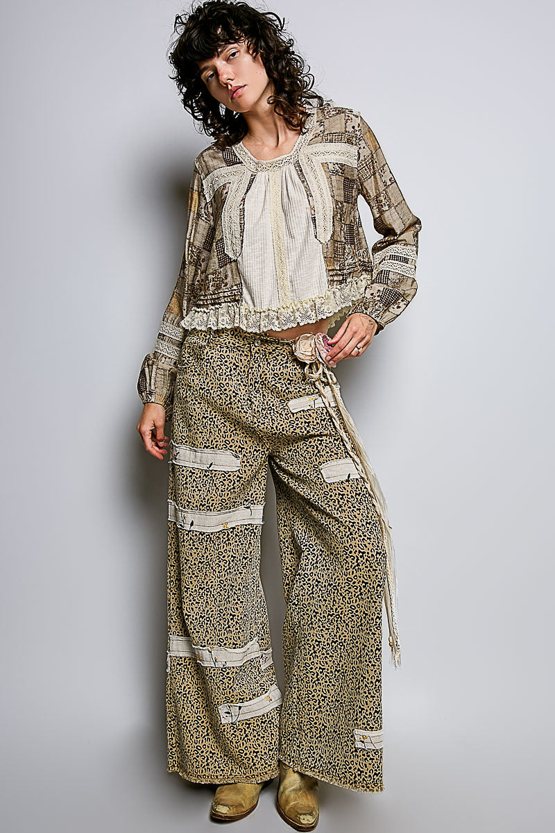 Almond multi plaid and lace top with balloon sleeves, photo 3 of 3