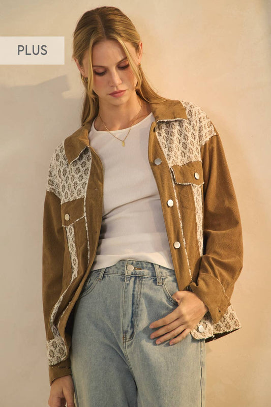 Taupe brown corduroy jacket with lace panel contrast, plus size, by Oddi