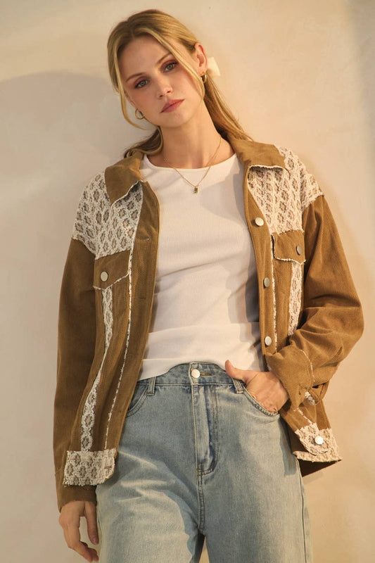 Taupe brown corduroy jacket with lace panel contrast, plus size, by Oddi