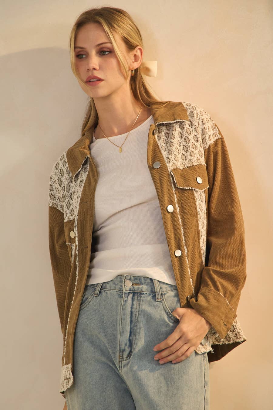 Taupe brown corduroy jacket with lace panel contrast, plus size, by Oddi