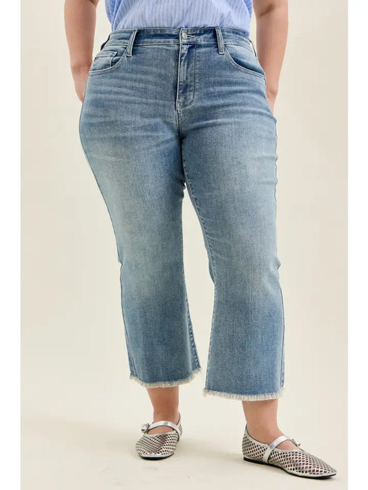 Judy Blue Mid Rise Kick Flare Jeans - Frayed Hem (Plus Size)