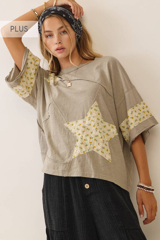 Relaxed-Fit Cotton Top with Contrast Trim - Smokey Grey (Plus Size)