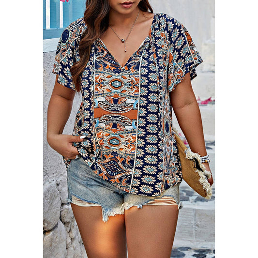 Plus Size Printed Tie-Front Short Sleeve Blouse, photo 1 of 3