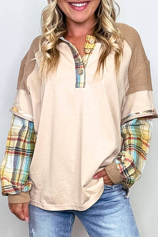 Plus Size Plaid Patchwork Henley Top, photo 1 of 5