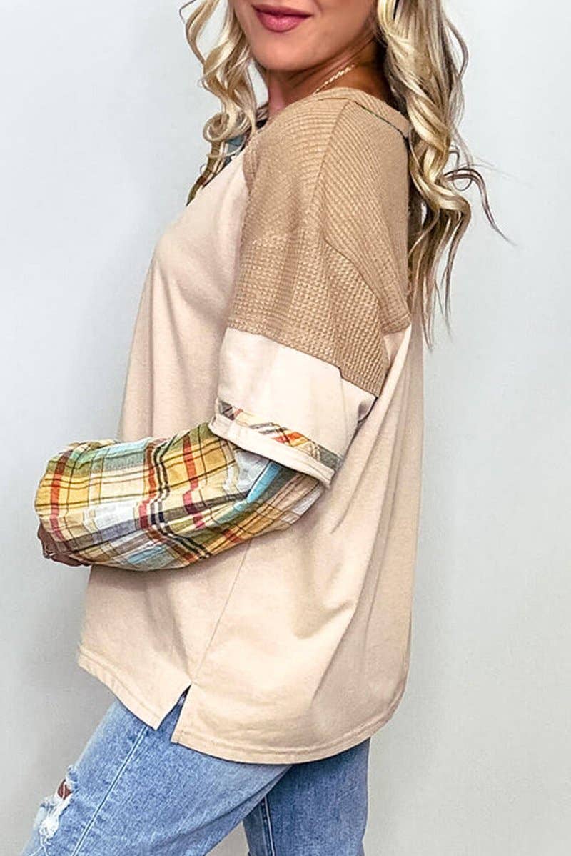 Plus Size Plaid Patchwork Henley Top, photo 3 of 5