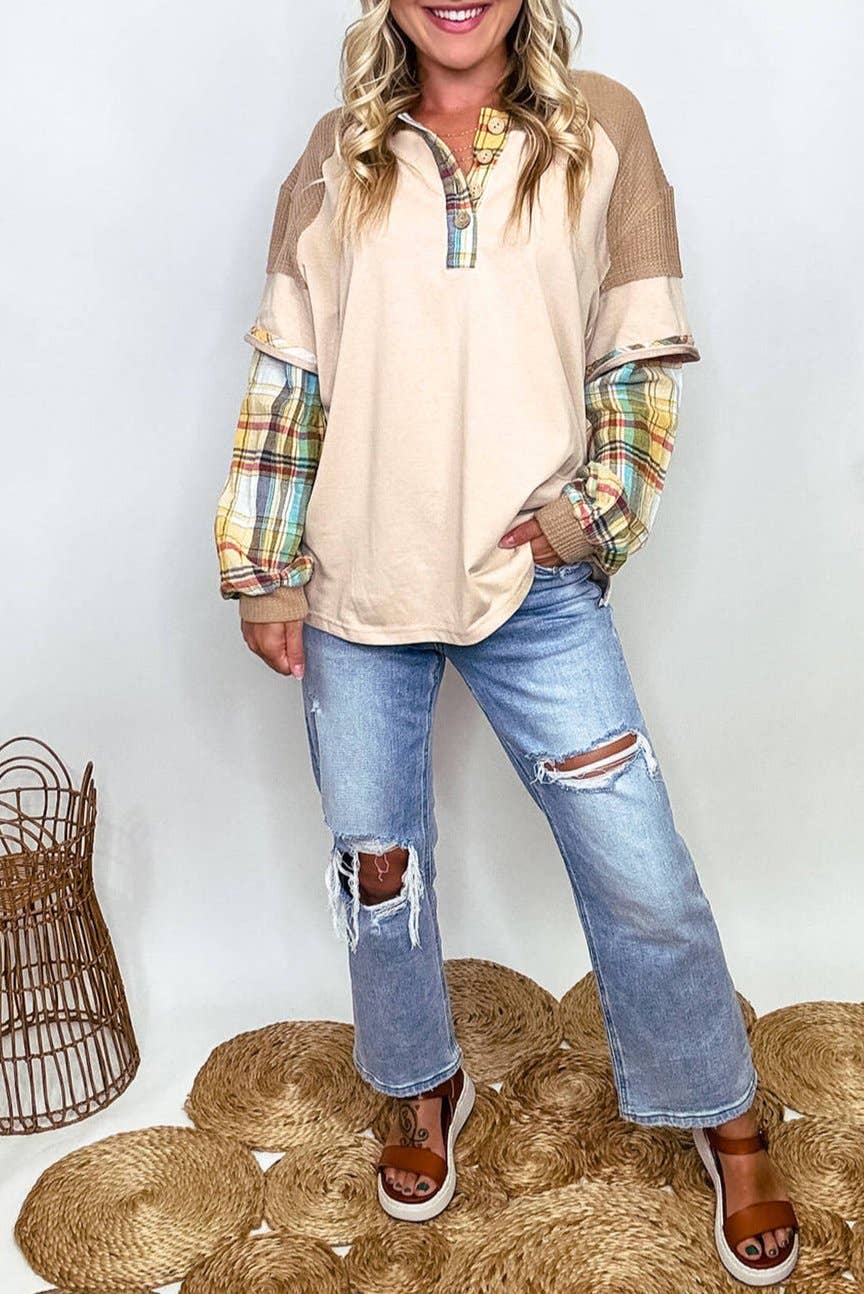 Plus Size Plaid Patchwork Henley Top, photo 4 of 5