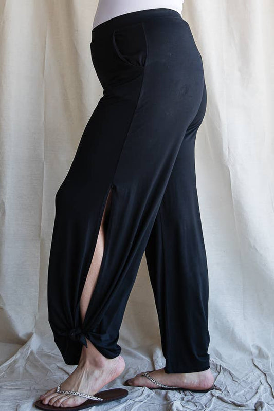 Side Slit Ankle Tie Pants - Black (Plus Size), 95% rayon, 5% spandex